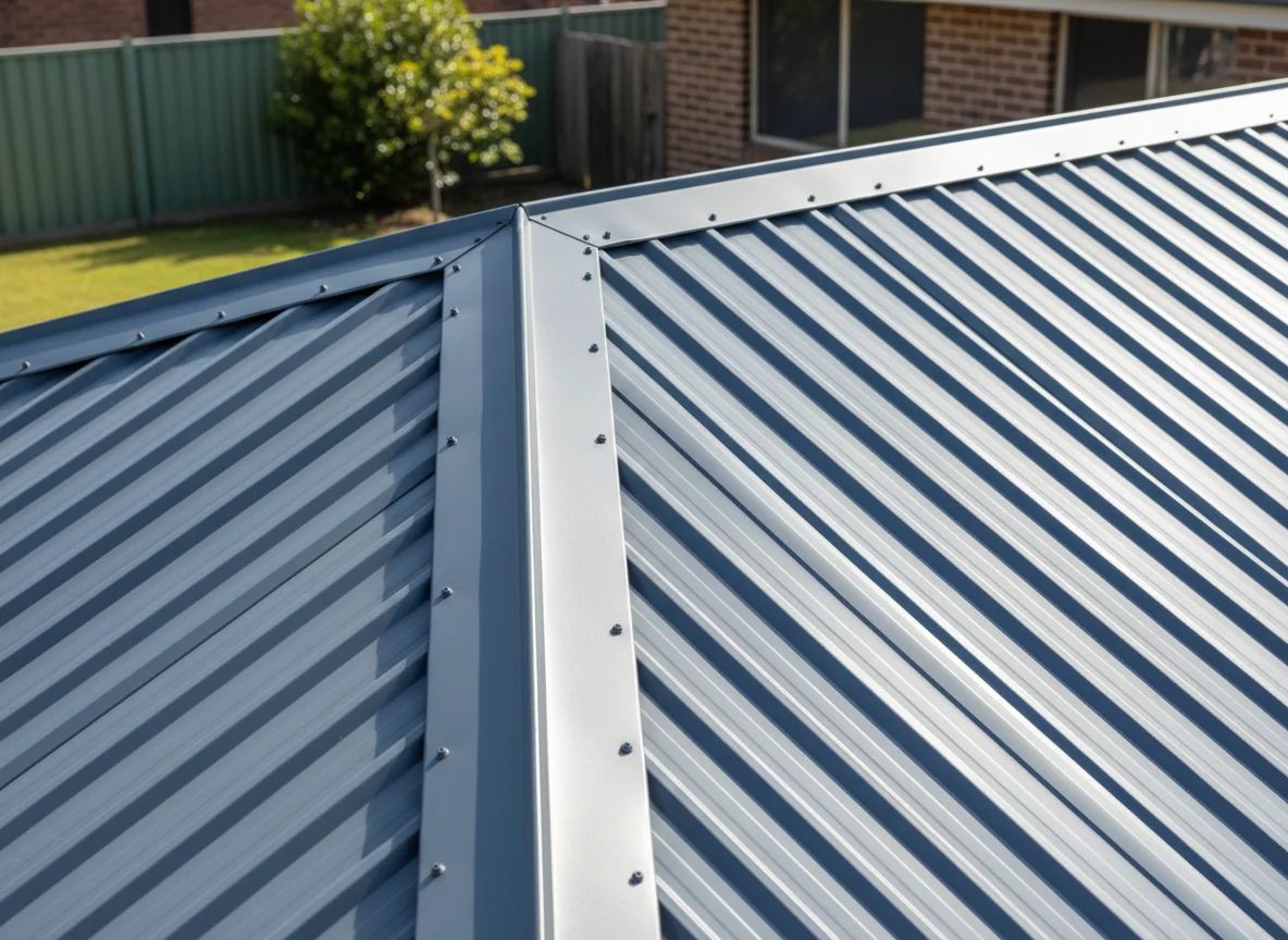 Grey metal hip flashing joining two corrugated roof sheet planes