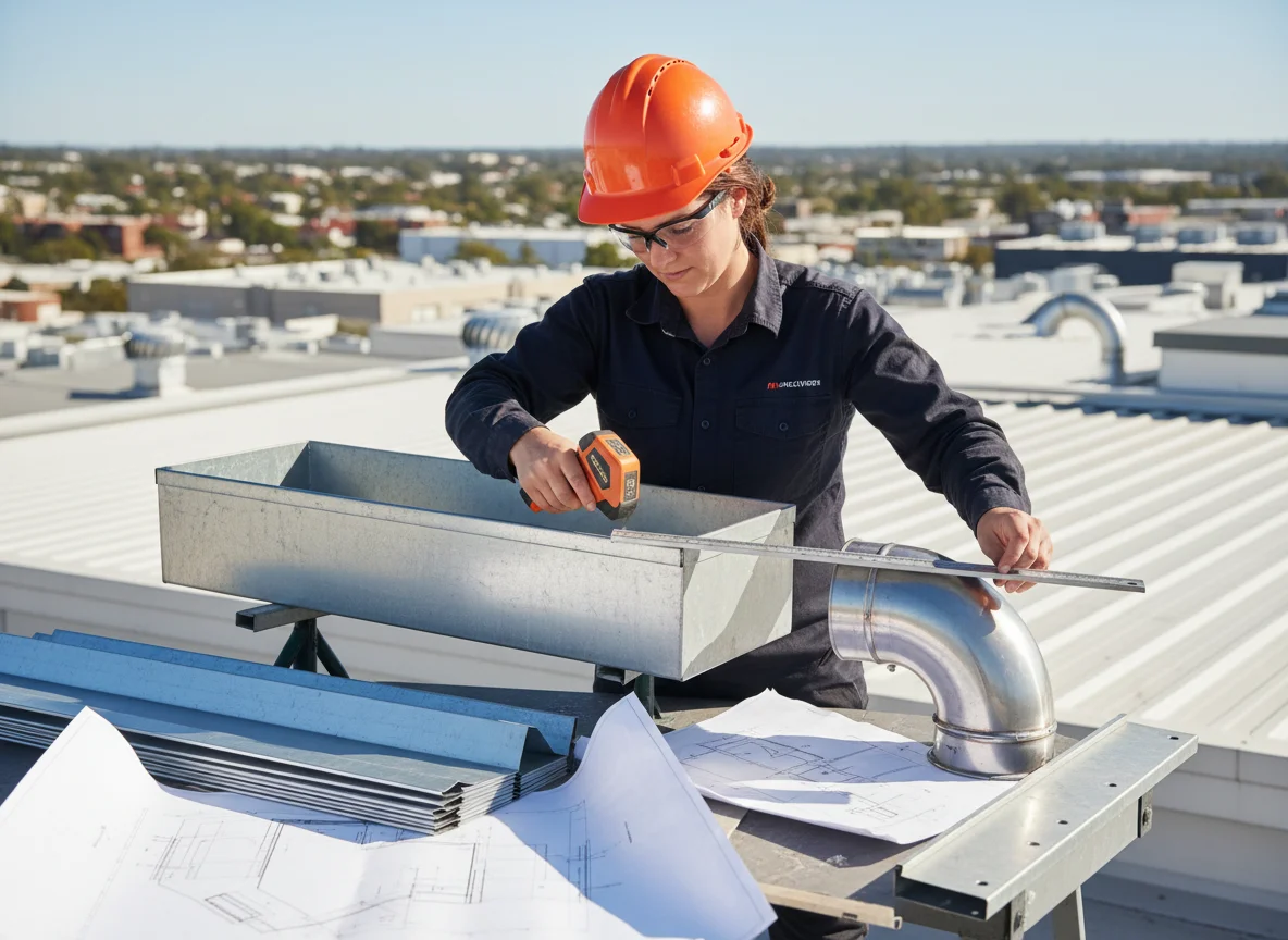 Tradesperson measuring a galvanised box gutter and rainhead on a rooftop