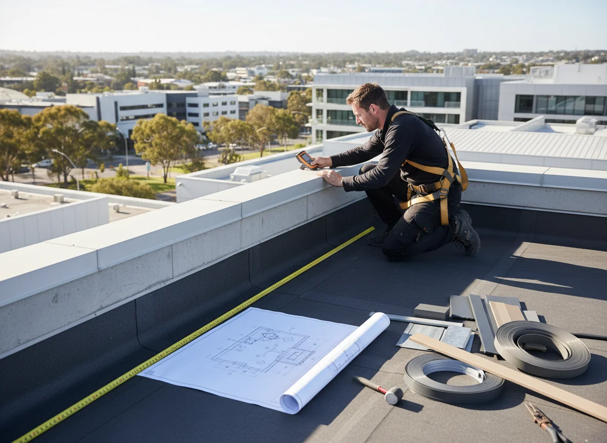 Tradesperson measuring a parapet with flashing samples on a flat roof