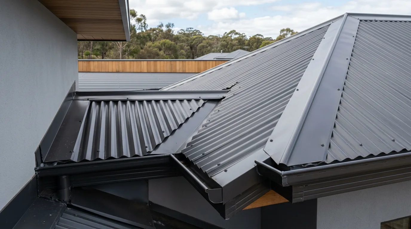 Dark corrugated metal roof with flashings, gutters and a wall abutment