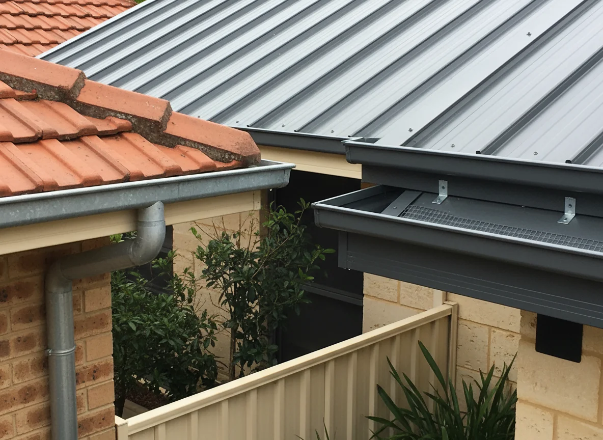 Galvanised gutter on terracotta tiles beside a grey metal roof gutter