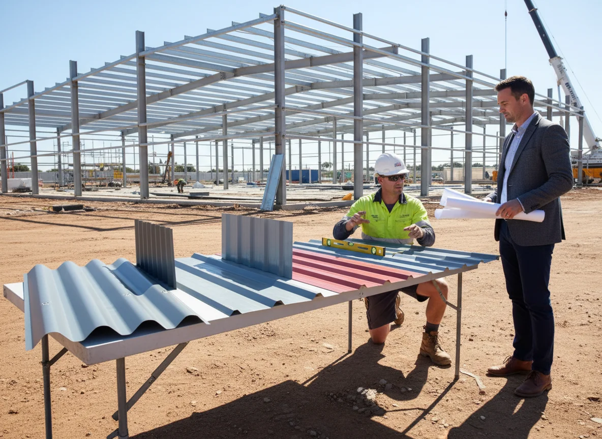 Corrugated and ribbed roof sheet samples compared on a site table
