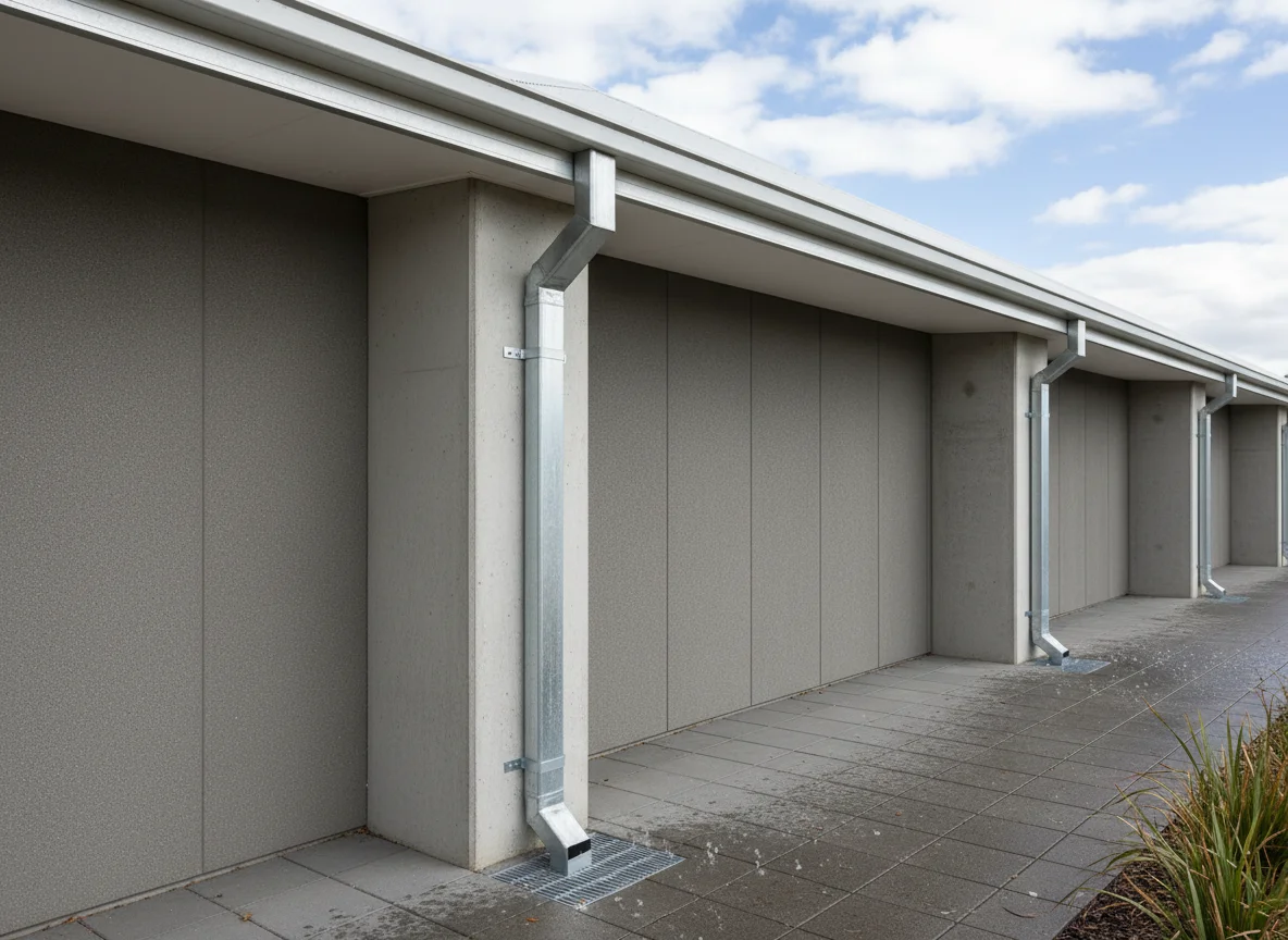 Galvanised rectangular downpipes with offsets along a commercial facade