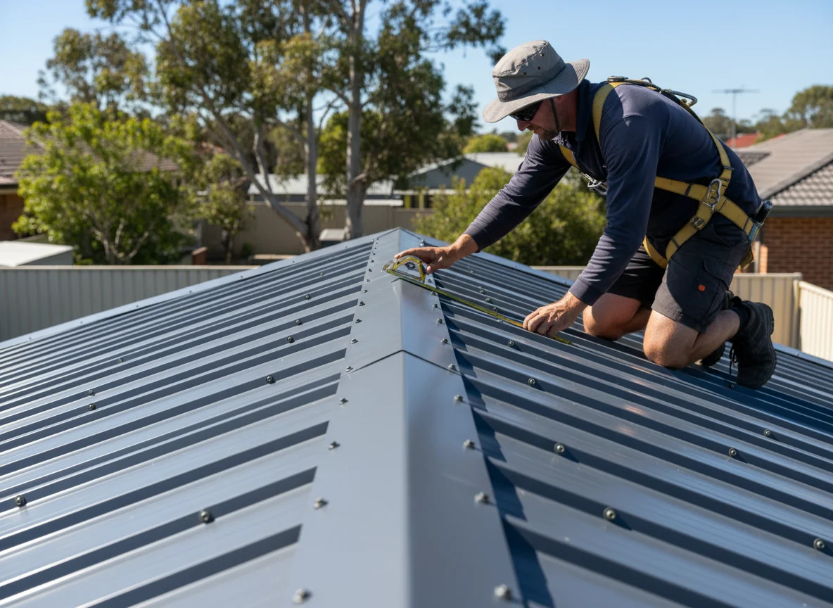 Roofer measuring ridge capping on a grey corrugated metal roof