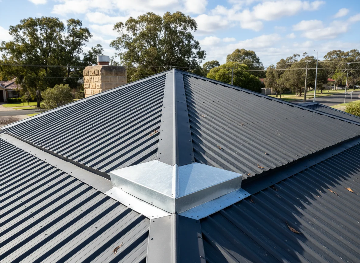 Galvanised soaker tray at a hip junction on a corrugated metal roof