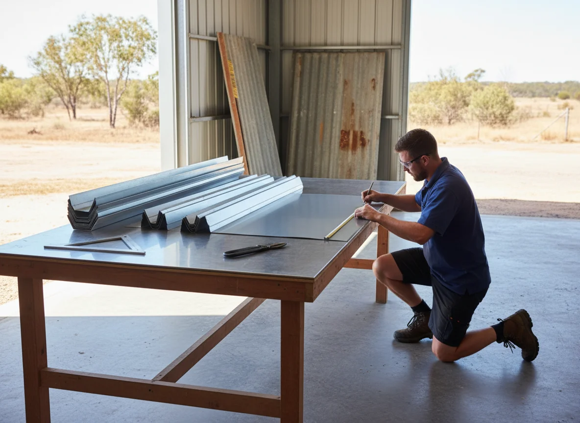 Fabricator measuring sheet metal beside folded flashings in a workshop