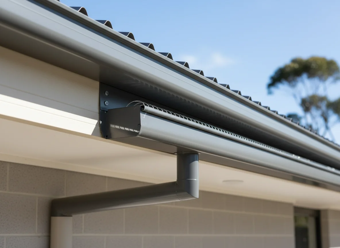 Grey quad gutter, leaf guard and fascia on a corrugated metal roof