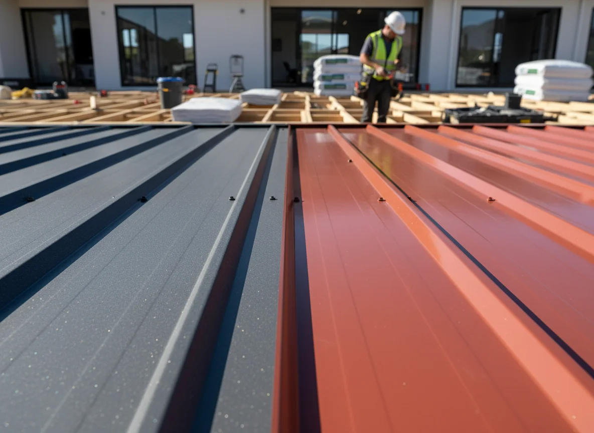 Charcoal and terracotta ribbed metal roof sheets side by side on a building site